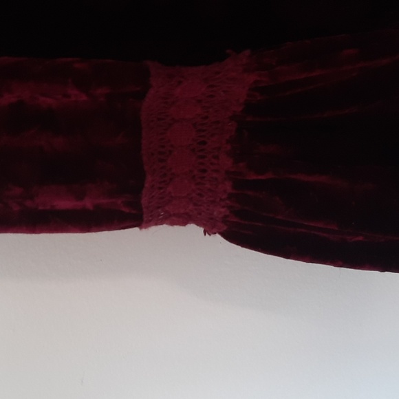 Vintage Addition Elle A/E Burgundy Peplum Long Sleeve Velour Laced Vee Neck Top - Picture 6 of 8
